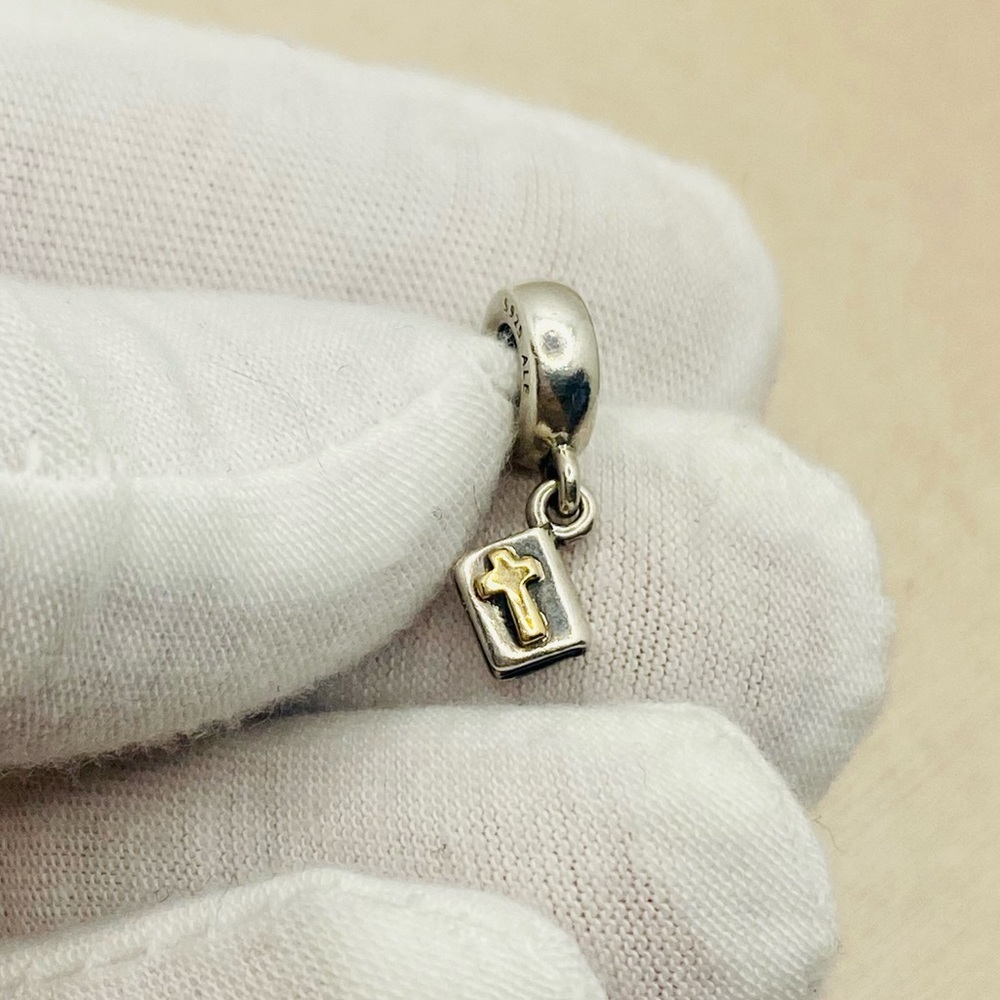 EUC Pandora 790409 Sterling Silver Bible Dangle Bead w/ 14k Yellow Gold Cross - Picture 2 of 9